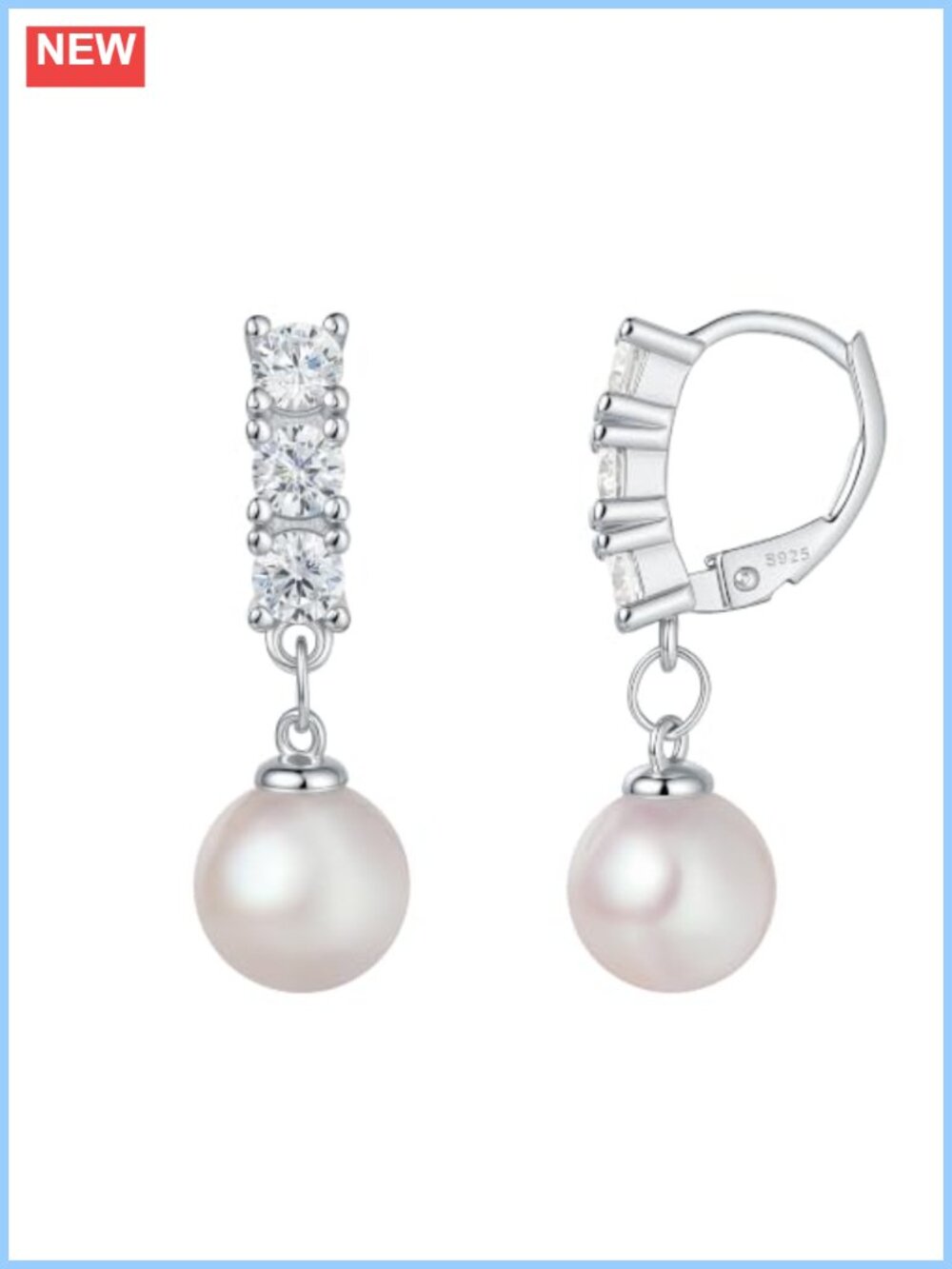 Sterling Silver Pearl Drop Dangle Earrings Leverback 5A CZ